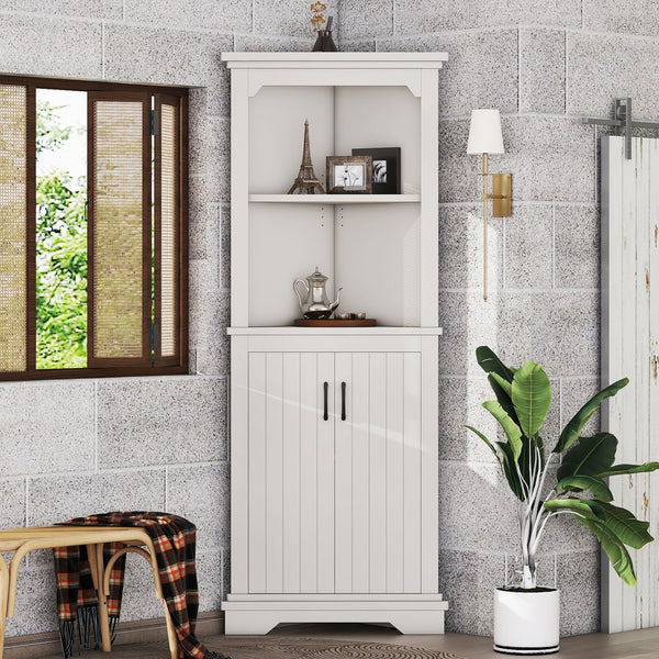 English Elm Tall Corner Cabinet White Mdf Open Shelves Closed Storage for Any Room W1580P414889