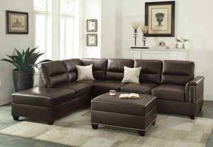 English Elm New Contemporary 3-PCS Reversible Sectional Sofa Set Espresso Faux Leather Chaise Ottoman Pillows Trimmed Studs B011S01062