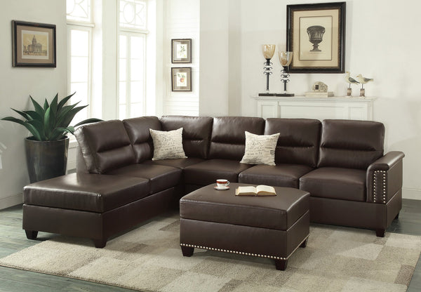 English Elm New Contemporary 3-PCS Reversible Sectional Sofa Set Espresso Faux Leather Chaise Ottoman Pillows Trimmed Studs B011S01062