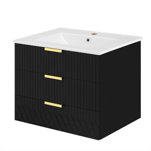 English Elm 24inch Bathroom Vanity with Sink - Wall-Mounted Floating Combo with Ceramic Basin, Modern L-Handle Design Black N710S324097B