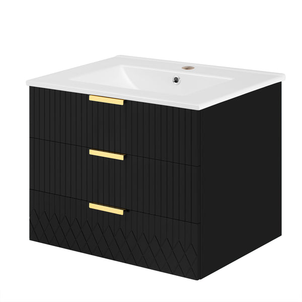 English Elm 24inch Bathroom Vanity with Sink - Wall-Mounted Floating Combo with Ceramic Basin, Modern L-Handle Design Black N710S324097B