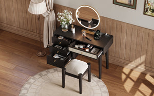 English Elm 39" Retro Bohemian Makeup Vanity Set with Rattan Drawers, USB Charging Port, Cushioned Stool, 4-Drawer Storage Black 44.1 L x 18.75 W x 10.5 H N733P180011B