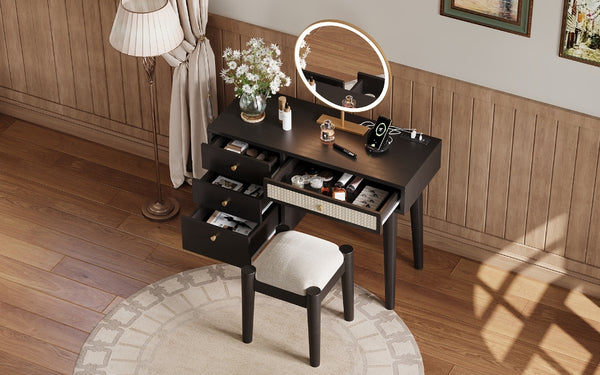 English Elm 39" Retro Bohemian Makeup Vanity Set with Rattan Drawers, USB Charging Port, Cushioned Stool, 4-Drawer Storage Black 44.1 L x 18.75 W x 10.5 H N733P180011B