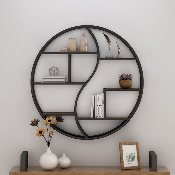 English Elm Christopher Knight Home® - Metal Wall Shelf with wood and iron frame — decorative floating shelving unit for living room decor, bedroom organizer, hallway centerpiece, rustic modern storage Black 63812.00