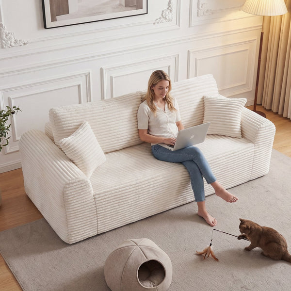English Elm 3 Seater Corduroy Cloud Sofa Frameless Deep Cushion Lounger for Living Room Loft White W5515P437308