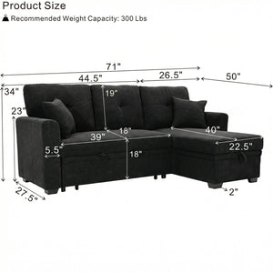 English Elm Sleeper Sectional with Pull Out Bed Reversible Chaise Storage Black Polyester Sofa W5568S00040