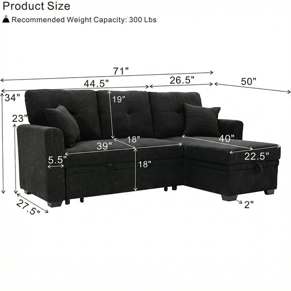 English Elm Sleeper Sectional with Pull Out Bed Reversible Chaise Storage Black Polyester Sofa W5568S00040