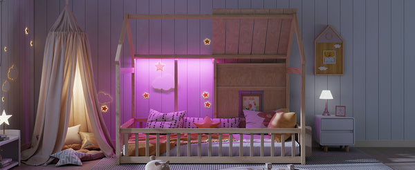 English Elm Twin House Frame Floor Bed Pinewood Build with Led Roofline Kids Bedroom Natural W697P435882