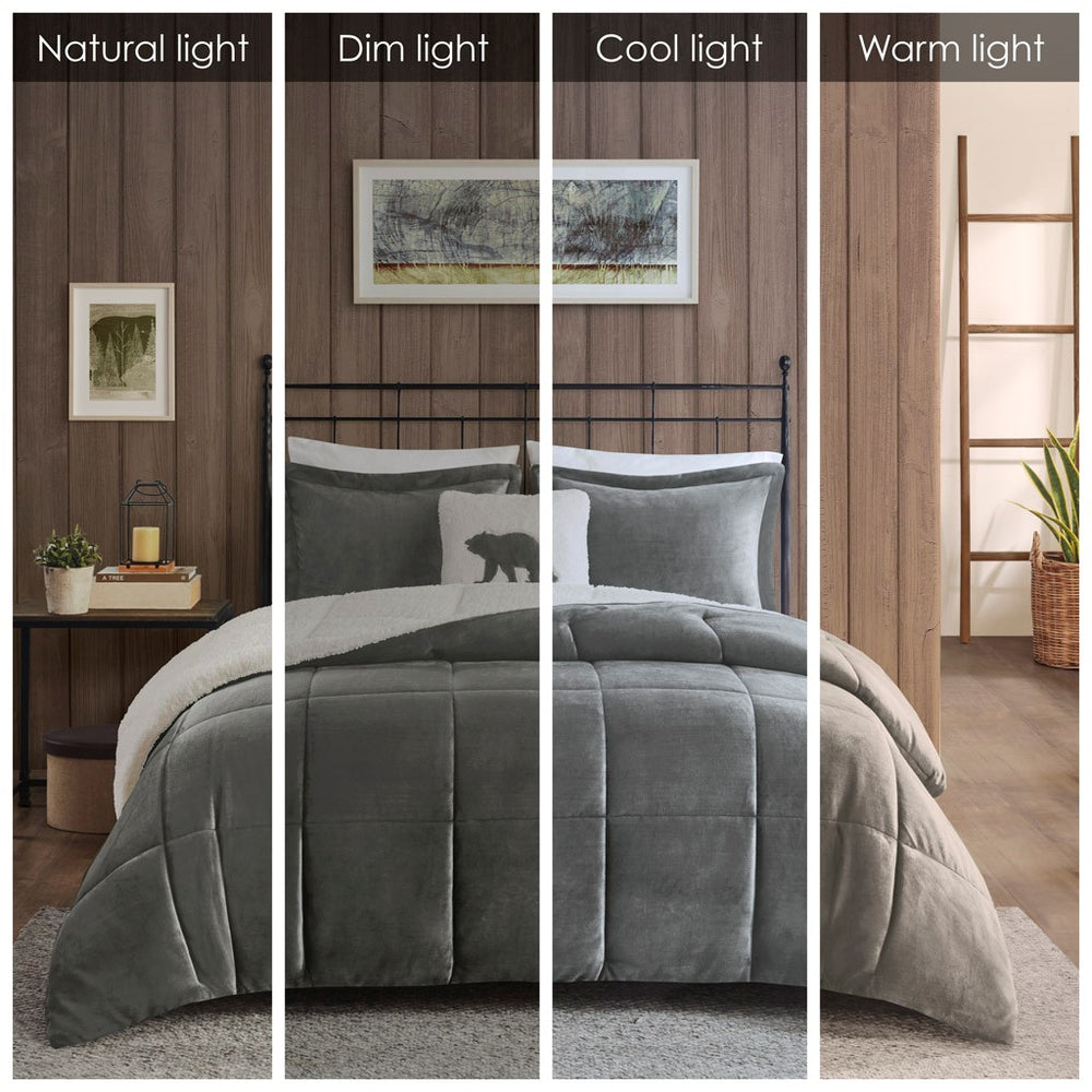 English Elm Full/Queen Alton Plush to Sherpa Comforter Set with Hypoallergenic Down Alternative Fill, Cozy Cabin Retreat Charcoal+Ivory 22.44 L x 20.87 W x 13.39 H B035100495