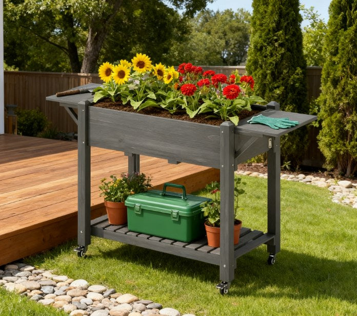 English Elm Convenient Carbonized Fir Wood Raised Planter Box with Wheels Side Tables and Storage T3971P423497