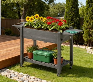 English Elm Convenient Carbonized Fir Wood Raised Planter Box with Wheels Side Tables and Storage T3971P423497