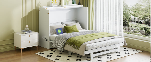 English Elm Full Size Murphy Bed Cabinet with Usb Charging Drawer and Rolling Base for Studios LP000597AAK
