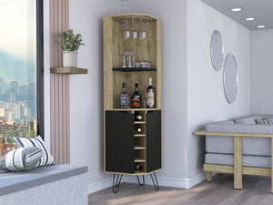 English Elm Corner Corner Cabinet with Six-Bottle Wine Rack, Shelves & Cup Rack in Macadamia/Black — FSC Certified Storage Solution B097S00165