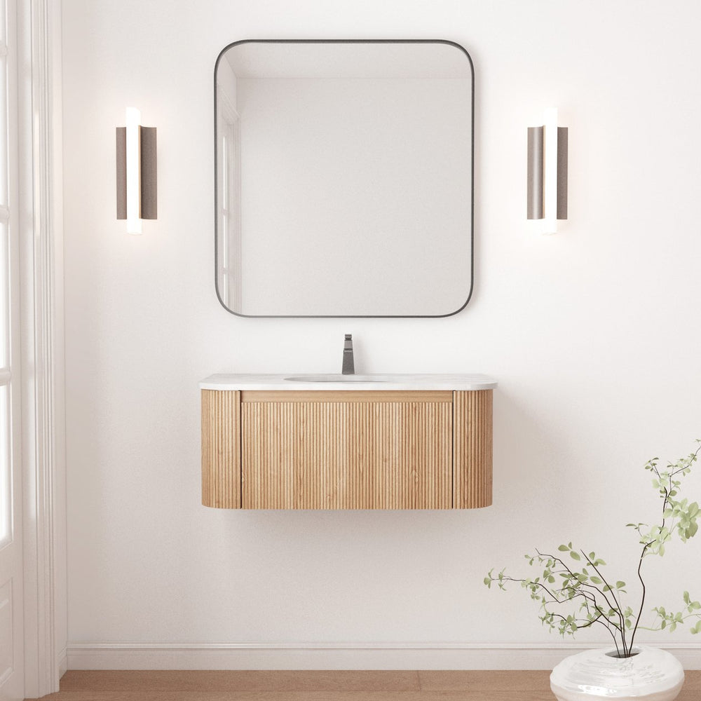 English Elm Arcora Floating Wall Vanity with Marble Ceramic Sink Slatted Wood Spa Design W3235S00007