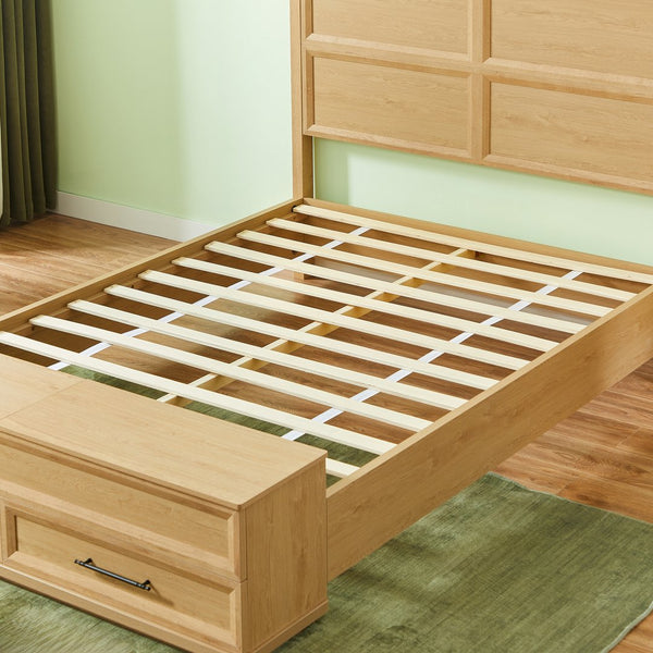 English Elm Queen Storage Bed with Geometric 3d Headboard Four Drawers and Walnut Finish W1820S00046