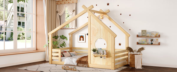 English Elm Twin House Floor Bed with Window & Shelf, Solid Wood Pitched Roof Design for Safe Cozy Sleep Natural W1580P362691