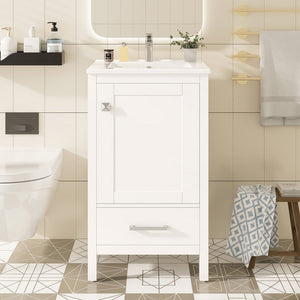 English Elm 20-Inch Compact Bathroom Vanity with Ceramic Sink, Soft-Close Storage, Divider Drawer & Easy Plumbing Access White N729P334847K
