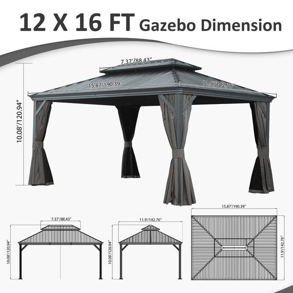 English Elm 12' X 16' Hardtop Gazebo - Stylish Outdoor Canopy With Drainage, Dual-Layer Roof & Insect Protection W1859S00143