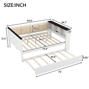 English Elm Twin Pine Wood Daybed with Trundle Upholstered Backrest Storage Shelf and Usb Port N7090002233K