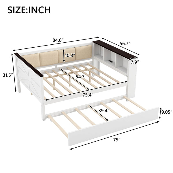 English Elm Twin Pine Wood Daybed with Trundle Upholstered Backrest Storage Shelf and Usb Port N7090002233K