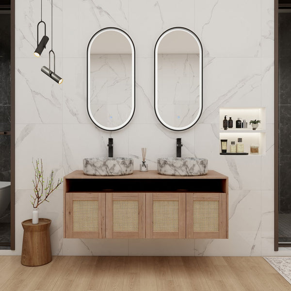 English Elm 48" Floating Bathroom Vanity Oak Finish Dual Ceramic Sinks Four Soft Close Doors W999S00494