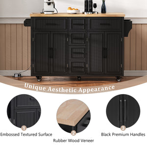 English Elm K&K 56.5" Kitchen Island with Drop Leaf, Embossed Vertical Stripe Barn Doors, Wheels & Charging Hub Black N707P263094B