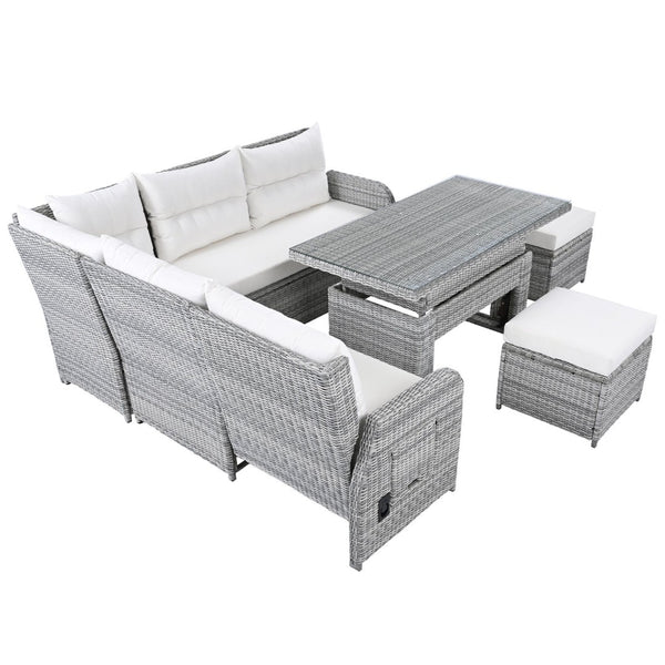 English Elm Outdoor Rattan Furniture Set With Adjustable Recliners, Versatile Tables, And Ottomans For Patios N719Z000120A-GIGA