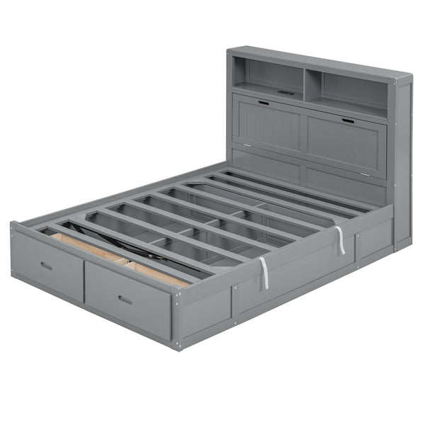 English Elm Wood Queen Size Hydraulic Platform Bed with LED Headboard, Charging Station, Hidden Storage Drawers and Shelves Gray GX000372AAE