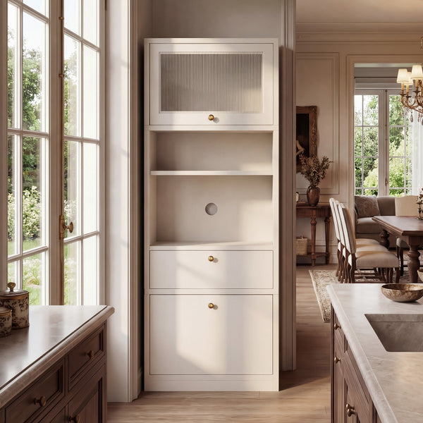 English Elm Tall Freestanding Pantry Cabinet with Adjustable Shelves Drawer and Doors for Kitchen White B2764P483844
