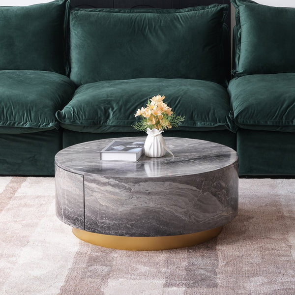 English Elm Tavola Round Coffee Table with Marble Pattern Top and Metal Legs, Two Drawers for Stylish Storage Brown B341P321163