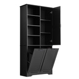 English Elm Bathroom Storage Cabinet With Doors and Drawers, Tilt-Out Laundry Hamper, Multiple Storage Space, Freestanding Style, Open Shelve, Adjustable Shelf, Black