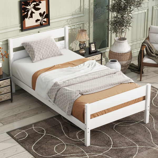 English Elm Twin Minimalist Rubberwood Bed with Headboard & Footboard, Space-Saving Underbed Storage, Durable Slatted Frame White W504P262990