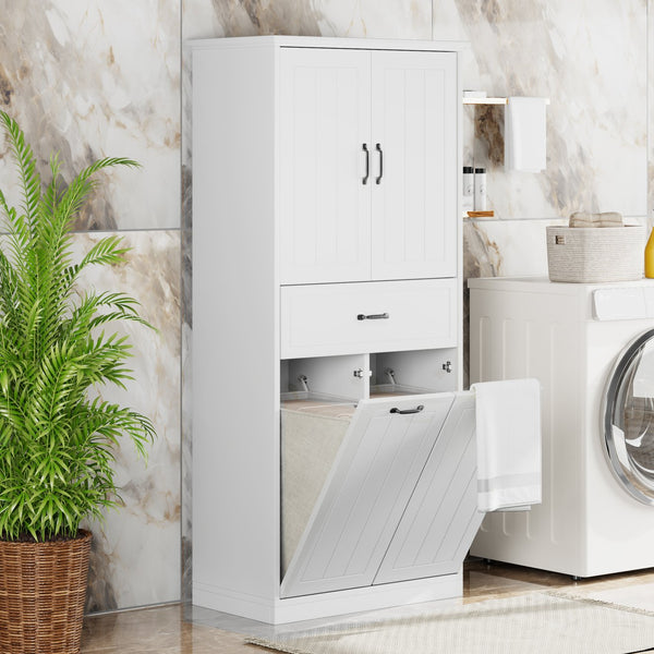English Elm Christopher Knight Home® - Bathroom Storage Cabinet with Doors Drawer & Dual Laundry Baskets, MDF Build, Adjustable Shelf, Anti-Tip Device White N759P243350K