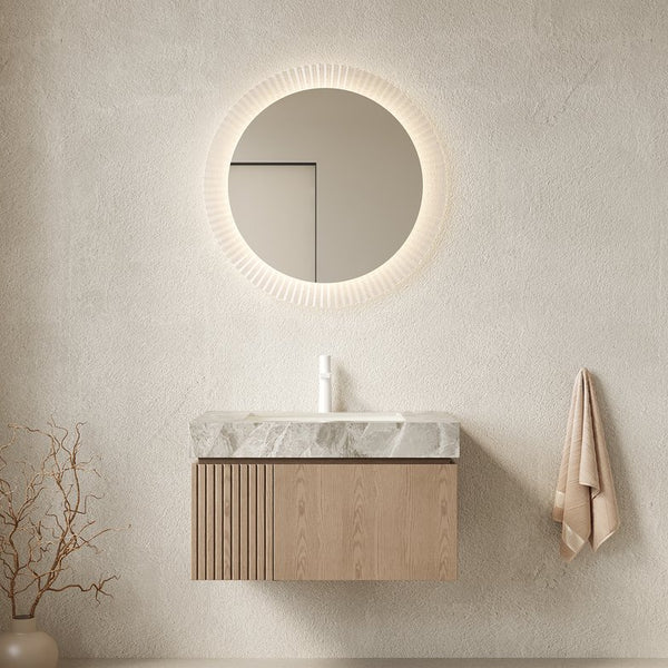 English Elm Muri Floating Bathroom Vanity Plywood Cabinet Sintered Stone Top Woodgrain Finish W2615S00592