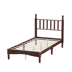 English Elm Twin Rubberwood Platform Bed Gourd Headboard Retro Bohemian Bedroom Slat Base Walnut N733P427029D