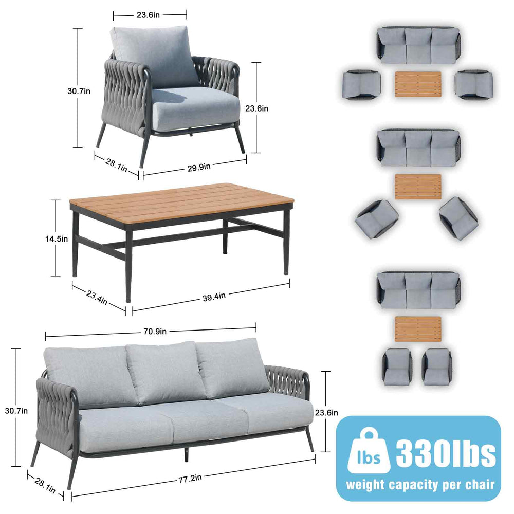 English Elm 4-piece Outdoor Conversation Set Hand Woven Rope Seating with Thick Cushions Wpc Table T5880S00019