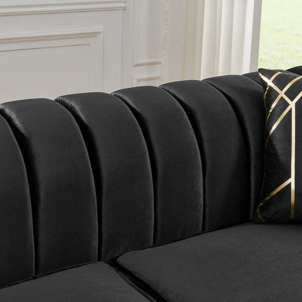 English Elm 81" Tufted Velvet Chesterfield Sofa with Gold Steel Legs for Elegant Living Rooms Black W1191S00063