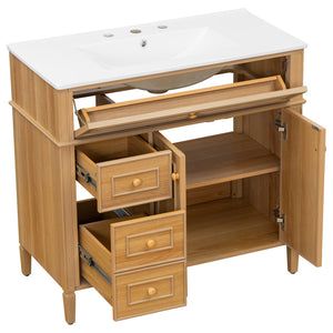 English Elm 36" Modern Bathroom Vanity with Ceramic Sink, Solid Rubber Wood & MDF, Flip Drawer, Soft-Close Doors N725P350825N