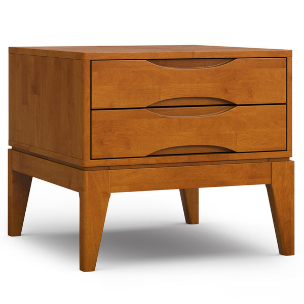 English Elm Harper Teak End Table with Two Drawers — Handcrafted Solid Rubberwood, Mid-Century Contemporary Finish B136P203436