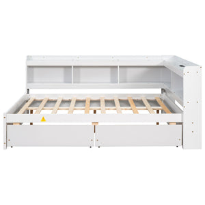 English Elm Full Platform Bed with L-shaped Bookcase Built-in Power Outlets and Storage Drawers White W504S00340