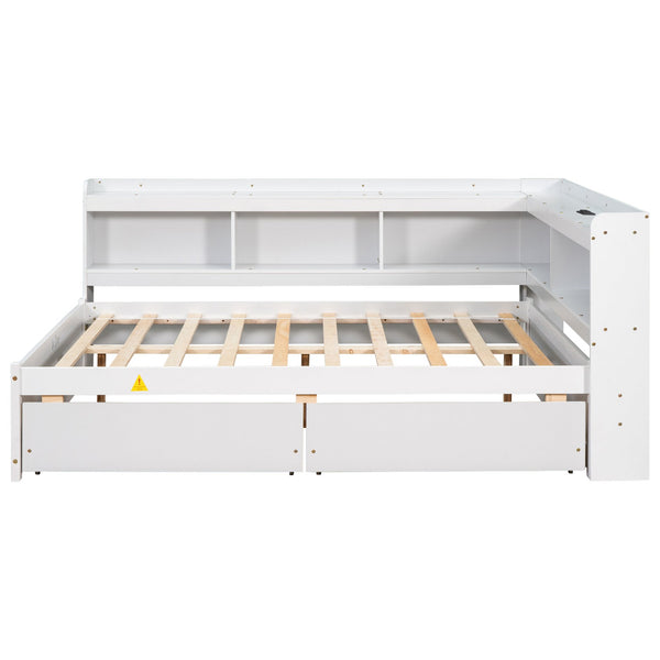English Elm Full Platform Bed with L-shaped Bookcase Built-in Power Outlets and Storage Drawers White W504S00340