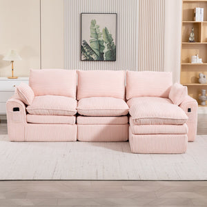 English Elm L Shaped Corduroy Modular Sectional with Cloud Cushions Footstool and Lumbar Pillows Pink W395S00138