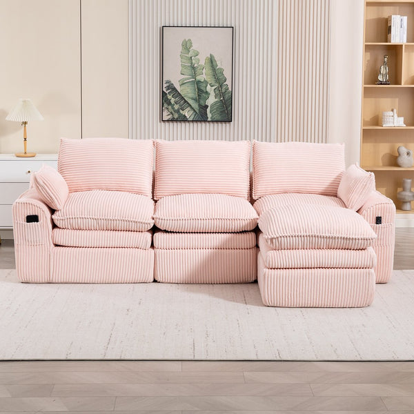 English Elm L Shaped Corduroy Modular Sectional with Cloud Cushions Footstool and Lumbar Pillows Pink W395S00138