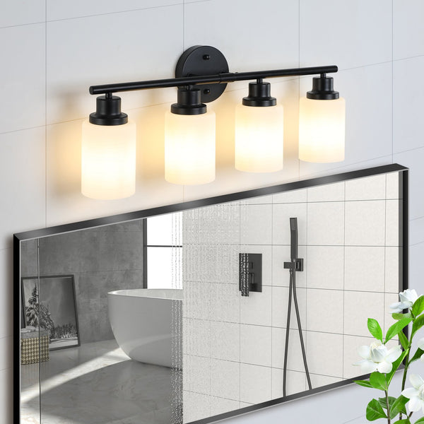 English Elm 24" Modern 4-Light Vanity Wall Sconce - Frosted Glass & Black Iron Frame For Bathroom & Bedroom Elegance W2312P374805