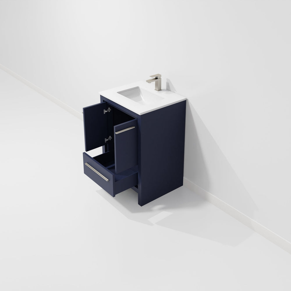 English Elm Navy Blue Bath Vanity With White Quartz Top & Gun Metal Faucet - Stylish Storage For Small Spaces B2731P259242