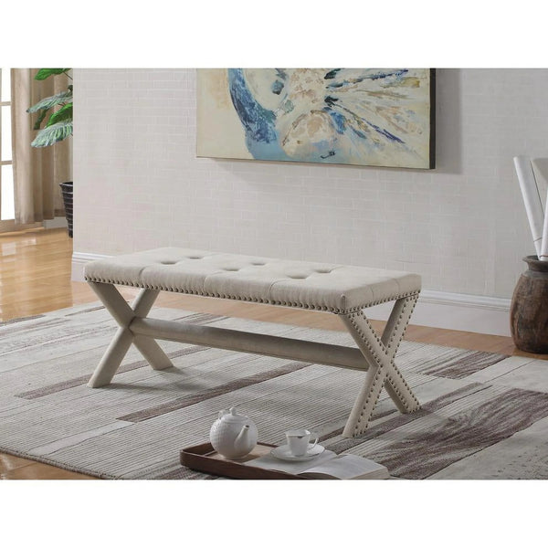 English Elm Glam Button Tufted Upholstered Bench with Nailhead Trim and X Trestle Legs Natural B011P450616