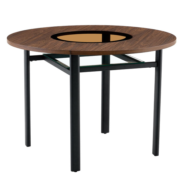 English Elm Table Set Round 42 Inch Wood Grain Mdf Dining with Glass Inset and Two Pu Chairs W1151S04494