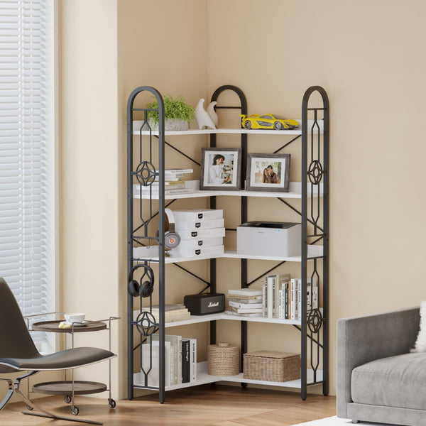 English Elm 5 Tier Corner Bookshelf - Modern 5-Shelf Open Bookcase, Anti-Tilt Steel Frame, Adjustable Feet, Versatile Storage Rack for Living Room Bedroom Office W3062P289212