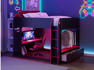 English Elm Full Size Loft Bed with Rgb Lighting Desk Drawers Hanging Rod Teen Bedroom Red LT000288AAJ-1