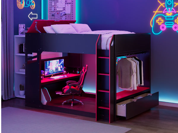 English Elm Full Size Loft Bed with Rgb Lighting Desk Drawers Hanging Rod Teen Bedroom Red LT000288AAJ-1